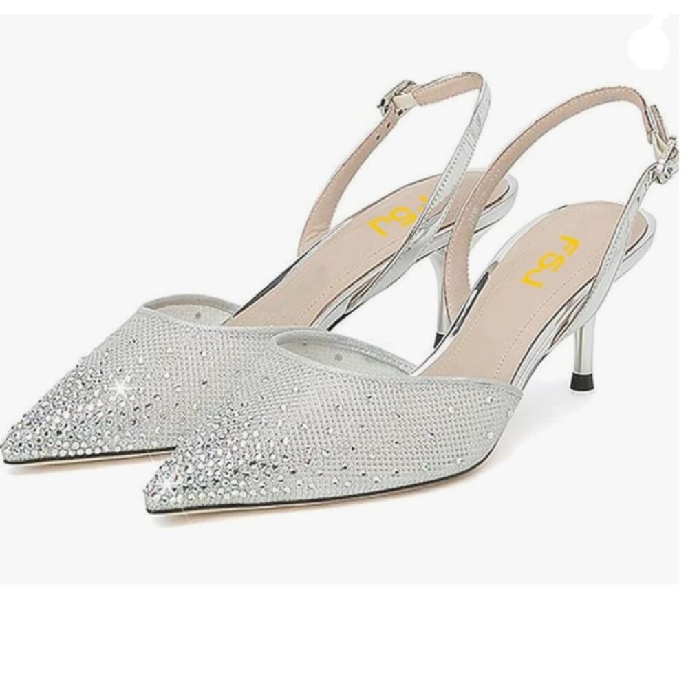 FSJ Silver Crystal Studded Mesh Rhinestones Low Heel Slingback Wedding Sandal